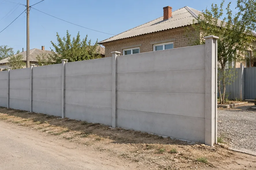 Бетонные панели между столбами возле кирпичного дома и сухой обочины